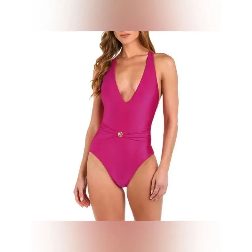 L'Agence lisa shimmer Jaggad Magenta Plunge One-Piece Swimsuit